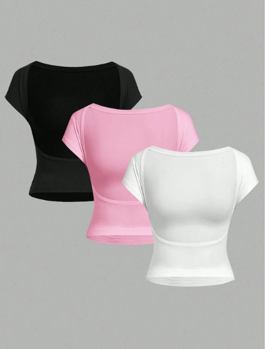 Lot de 3 T-Shirts Femme – Dos nu, Manches Courtes - Taille L