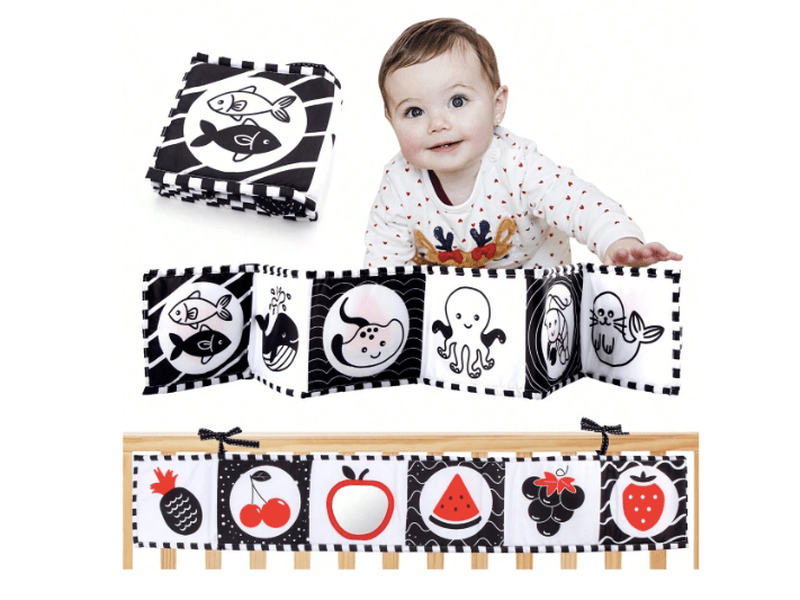 Livre éducatif portable et pliable en tissus pour bébé sur le thème des créatures marines et des fruits