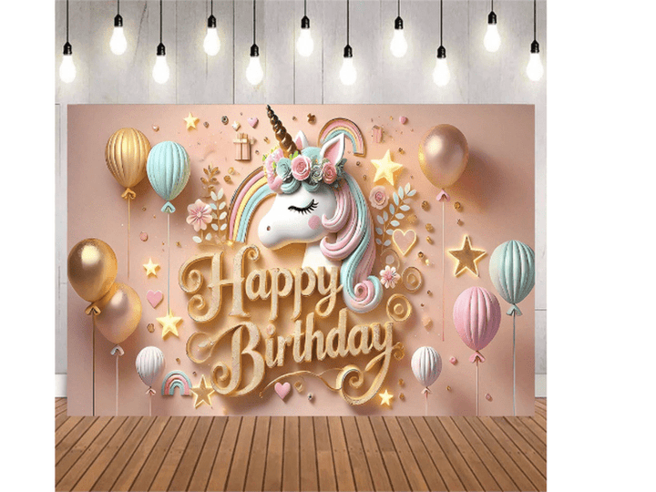 Toile de fond anniversaire – Thème licorne