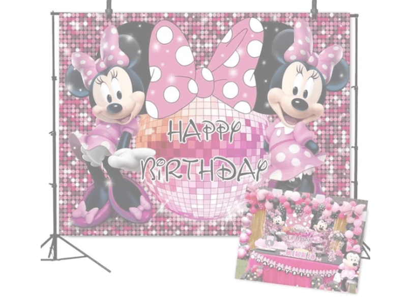 Décor de fond anniversaire – Thème Minnie 210×150 cm