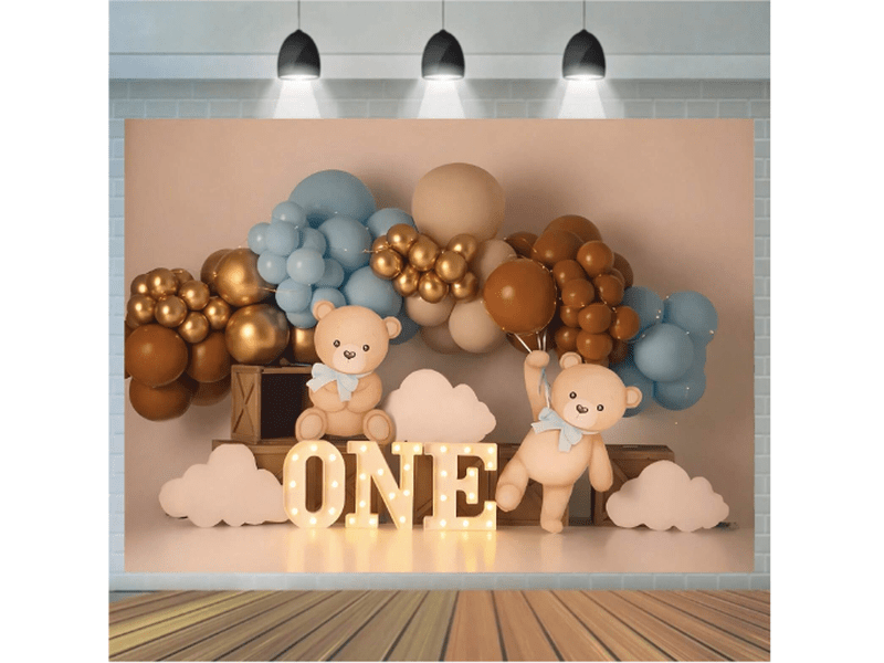 Toile de fond anniversaire 1 an – Oursons et ballons dorés 210×300 cm