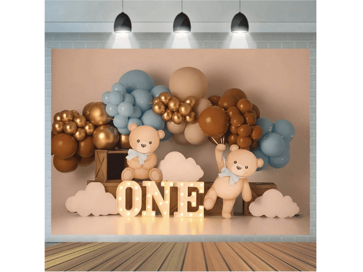 Toile de fond anniversaire 1 an – Oursons et ballons dorés 210×300 cm