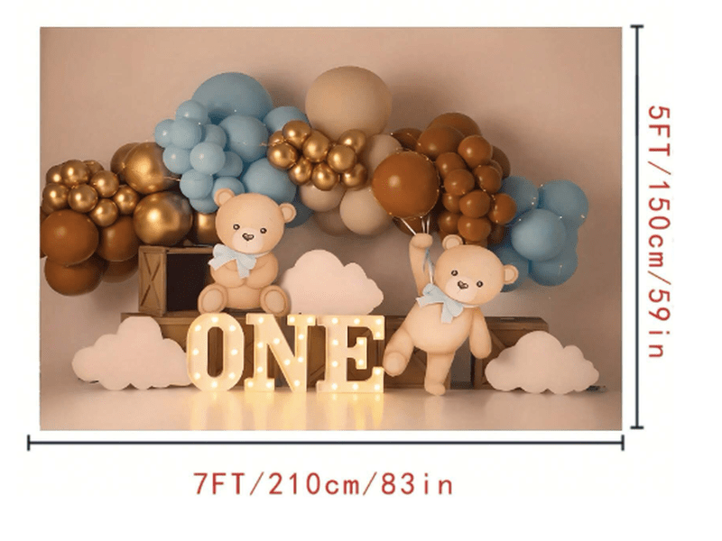 Toile de fond anniversaire 1 an – Oursons et ballons dorés 210×300 cm