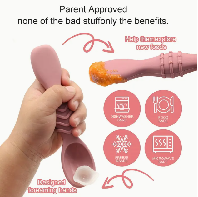 Ensemble de cuillère et fourchette en silicone alimentaire,4 pièces beige