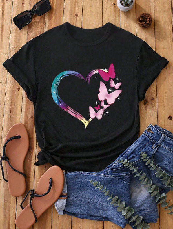 T-shirt À Manches Courtes Imprimé Cœur Et Papillon Pour Adolescentes 14 ans