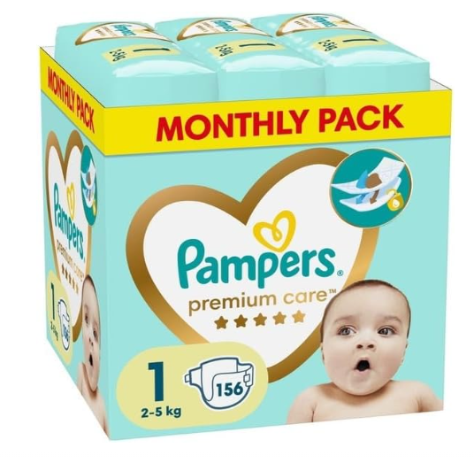PAMPERS PREMIUM - Pack mensuel Care n°1 pour bébés - 156 couches (2 à 5 kg)