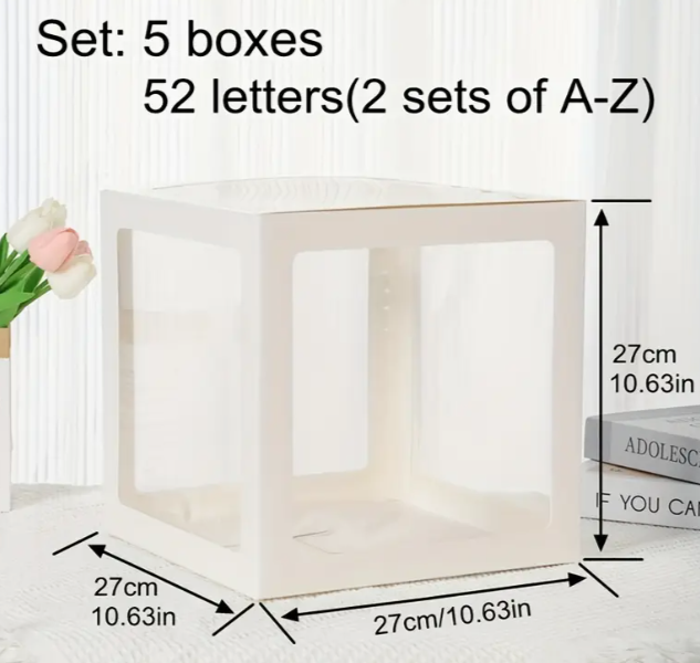 écorations de boîtes à ballons - 5 boîtes transparentes (blanches ou dorées) avec 52 lettres (2 jeux de A à Z)