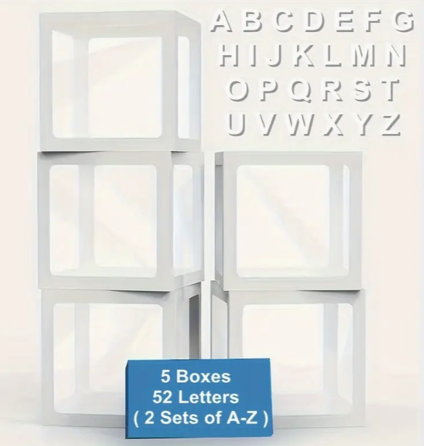 écorations de boîtes à ballons - 5 boîtes transparentes (blanches ou dorées) avec 52 lettres (2 jeux de A à Z)