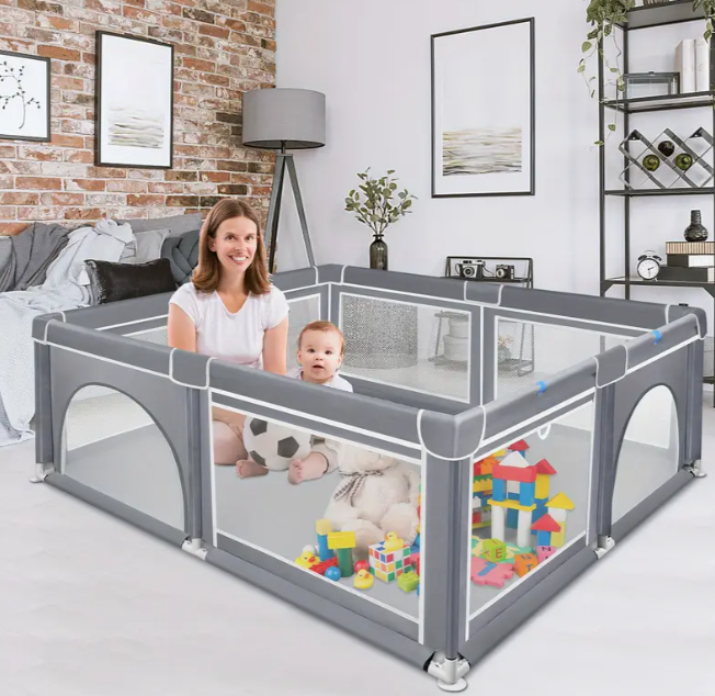 Parc pour bébé gris avec maillage respirant, parc à porte d'accès pour ramper, adapté à un usage intérieur et extérieur 180X200X68 cm