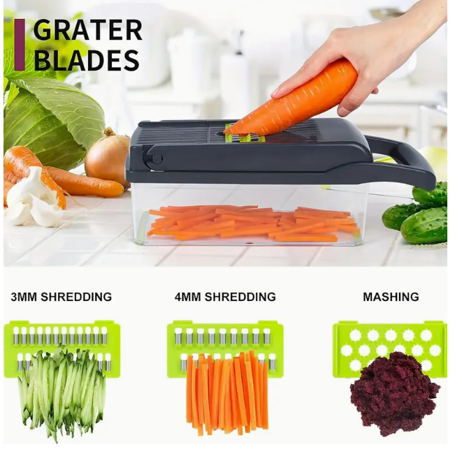 Machine de coupe multifonctionnelle de qualité alimentaire avec panier d'égouttage, Hachoir à carottes et à ail avec conteneur