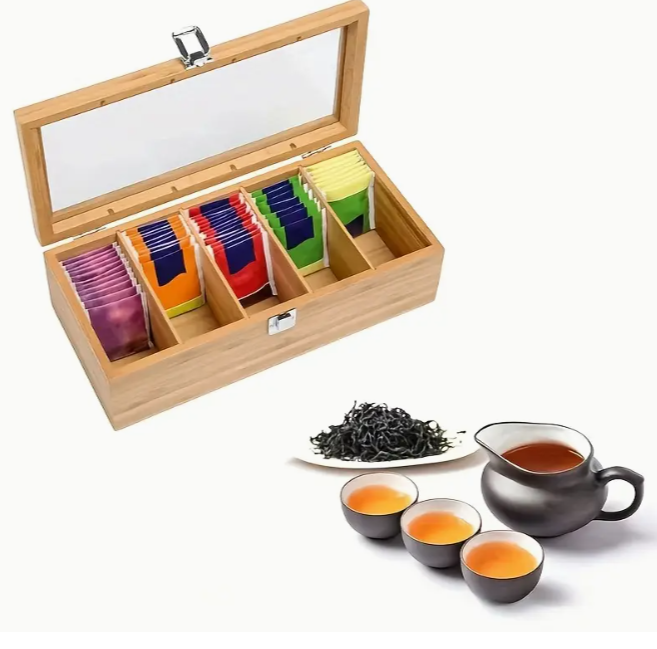 Boîte de Rangement pour Thé en Bambou à 5 Compartiments avec Fenêtre en Acrylique