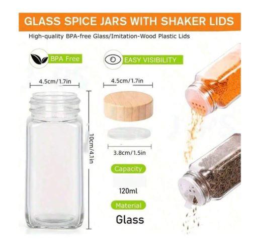 Lot de 12 pots à épices de cuisine – Bocaux transparents avec couvercles en bois