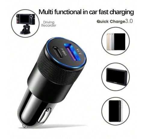 Chargeur Voiture Métal – USB + PD 3,1A - Charge Rapide