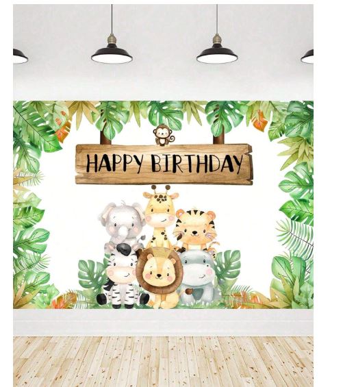 Décor de fond anniversaire – Thème animaux de la jungle