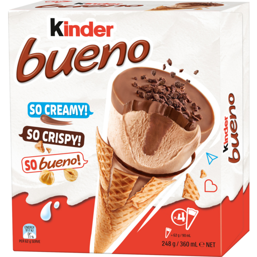KINDER BUENO - Glace cône chocolat au lait & noisettes - X4 248G Dakar Dialy