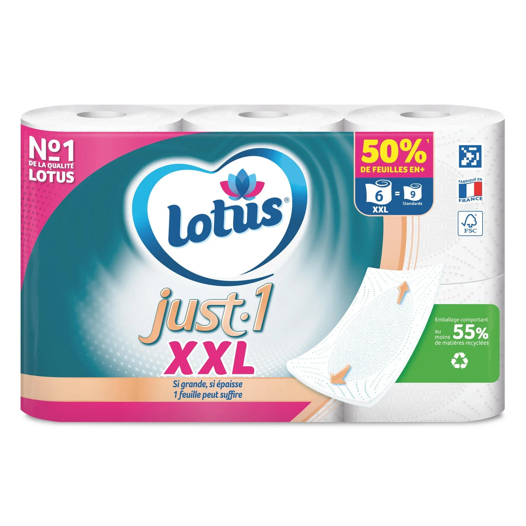 LOTUS - Lot de 6 rouleaux de papier toilette Just.1 XXL avec Aquatube® Dakar Dialy