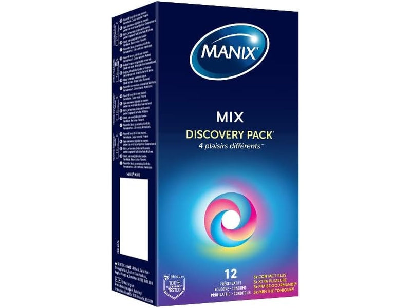 Manix Mix Discovery Pack - Boîte de 12 préservatifs variés pour homme. Disponible sur Dialy.sn