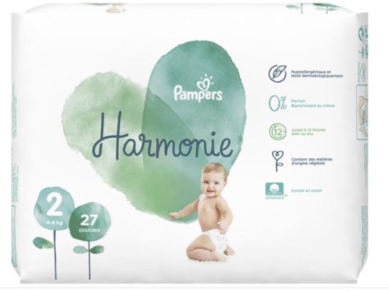 Couches Pampers Harmonie Taille 2 (4 à 8 kg), pack de 27 pièces, protection douce et sûre pour bébé, disponibles sur Dialy.sn à Dakar
