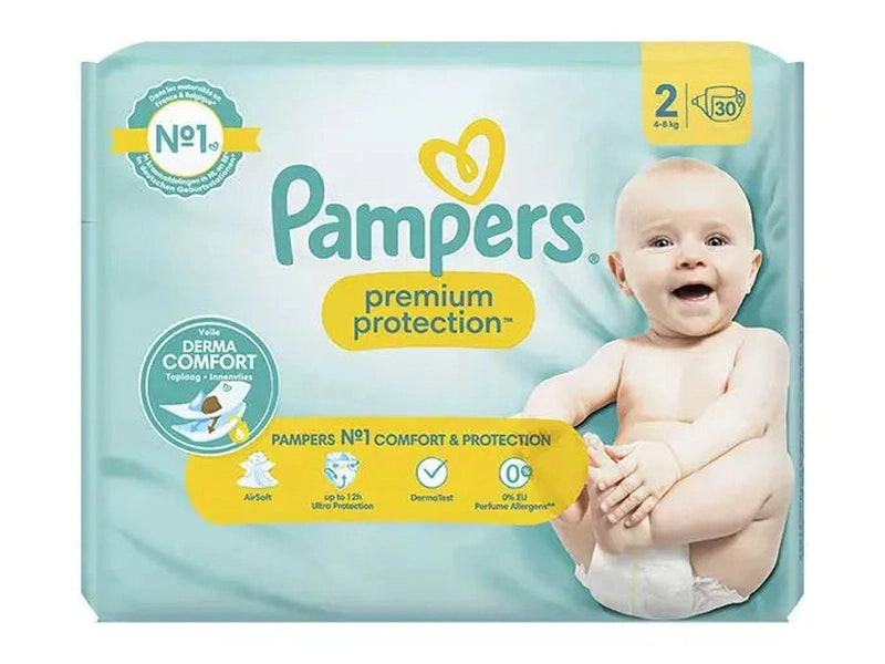 Couches Pampers Premium Protection Taille 2 (4 à 8 kg), pack de 30, pour un confort optimal et une protection assurée, disponibles sur Dialy.sn à Dakar