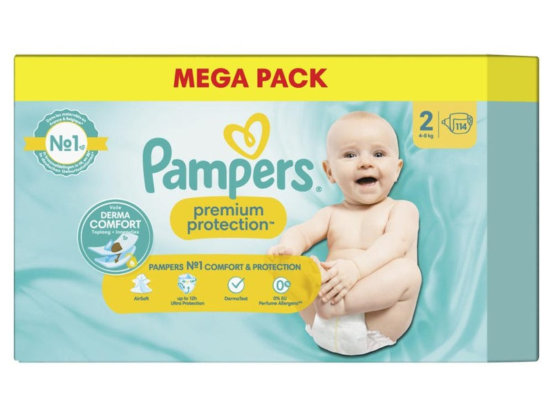 Pack de 114 couches Pampers Premium Protection, Taille 2 (4-8 kg), pour une protection douce et confortable pour bébé