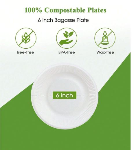 Assiettes en papier compostables, assiettes à repas en papier de 6 pouces (environ 15,5 cm),100 pièces