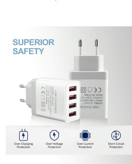 Tête de Chargeur Mural USB 4 Ports 3,1A – Prise EU C (220–240 V)