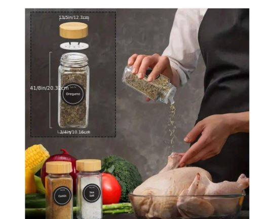 Lot de 12 pots à épices de cuisine – Bocaux transparents avec couvercles en bois