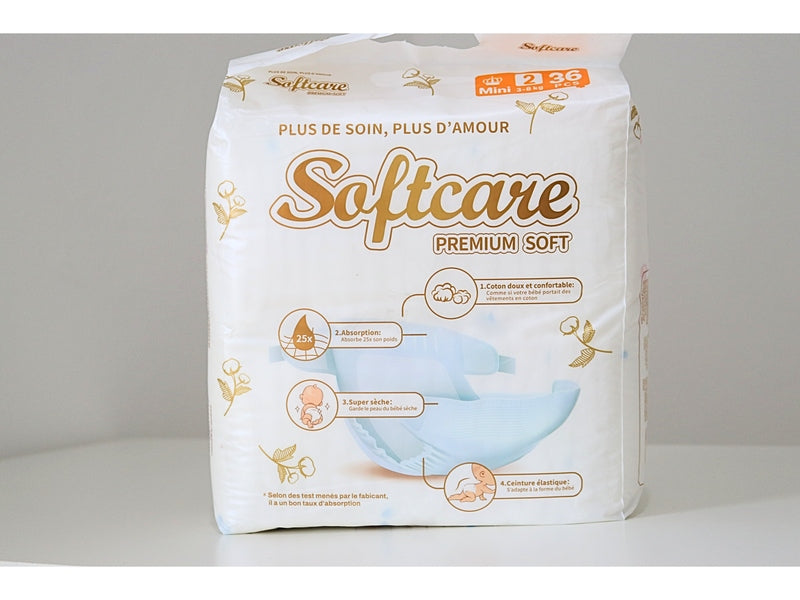 SOFTCARE Premium Soft – Couches bébé – Taille 2 Mini (3-8 kg) – Pack de 36 – Douceur & confort