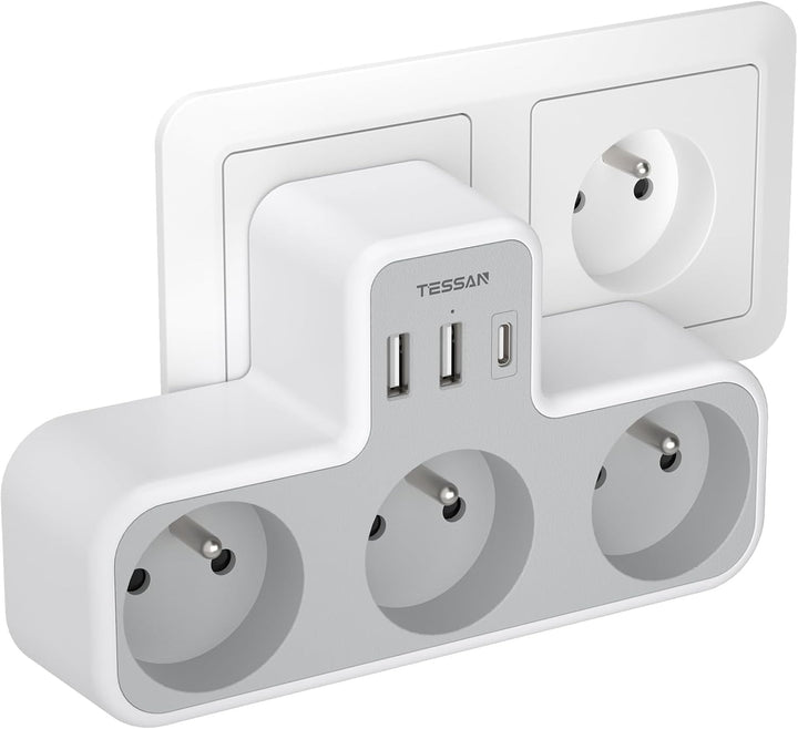 TESSAN - Multiprise Murale 6 en 1 – 3 Prises + 3 Ports USB - 4000W Dialy - Dakar