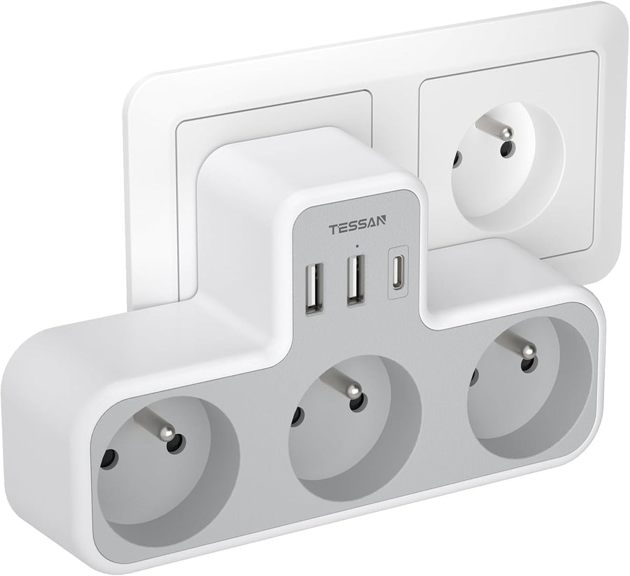 TESSAN - Multiprise Murale 6 en 1 – 3 Prises + 3 Ports USB - 4000W Dialy - Dakar