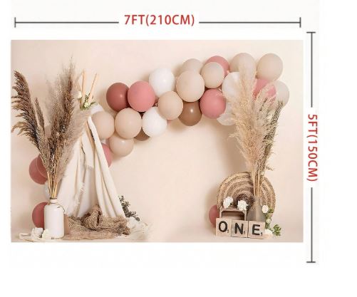 Fond de photographie d'anniversaire, ballons roses, style bohème, bannière de fête