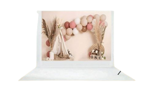 Fond de photographie d'anniversaire, ballons roses, style bohème, bannière de fête