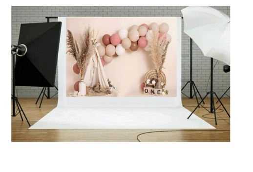 Fond de photographie d'anniversaire, ballons roses, style bohème, bannière de fête