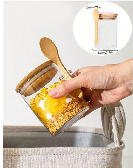 Lot de 2 Bocaux Hermétiques Verre avec Couvercle - Bambou + Cuillère