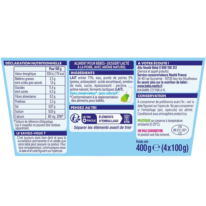 NESTLÉ - Yaourt Bébé P'tit Brassé Poire - dès 6 mois - 4 x 100g