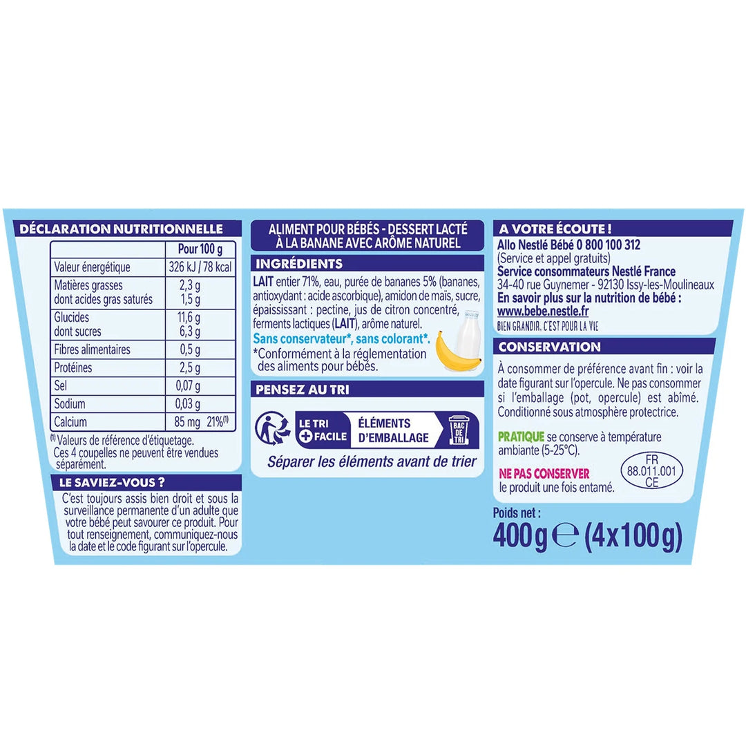 Nestlé Bébé P'tit Brassé Banane - Laitage dès 6 mois - 4 x 100g (4 Laitages )