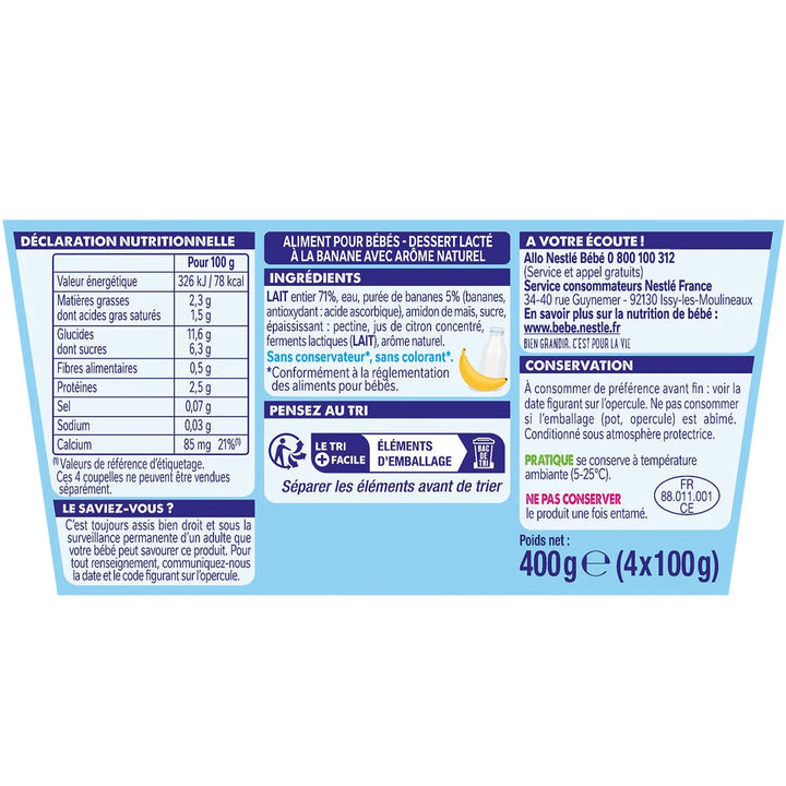Nestlé Bébé P'tit Brassé Banane - Laitage dès 6 mois - 4 x 100g (4 Laitages )