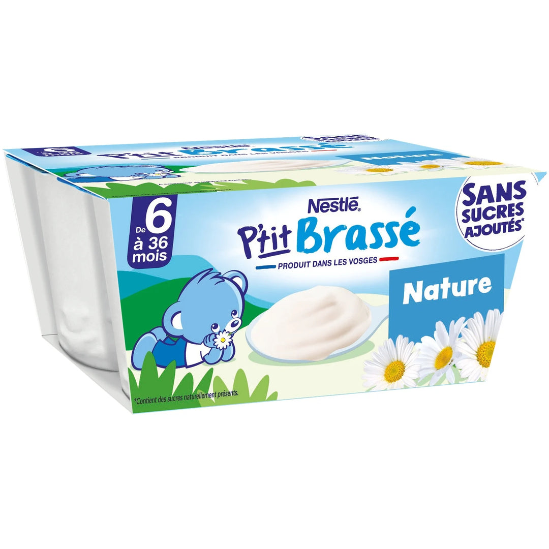 Nestlé- Bébé P'tit Brassé Laitage Nature sans sucres ajoutés - dès 6 mois - 4 x 90g