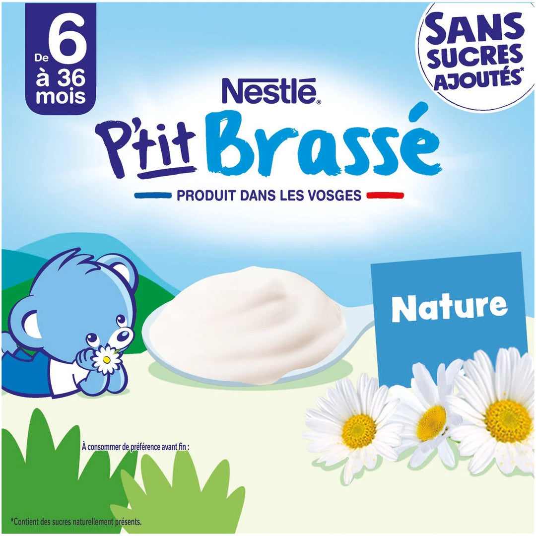 Nestlé- Bébé P'tit Brassé Laitage Nature sans sucres ajoutés - dès 6 mois - 4 x 90g