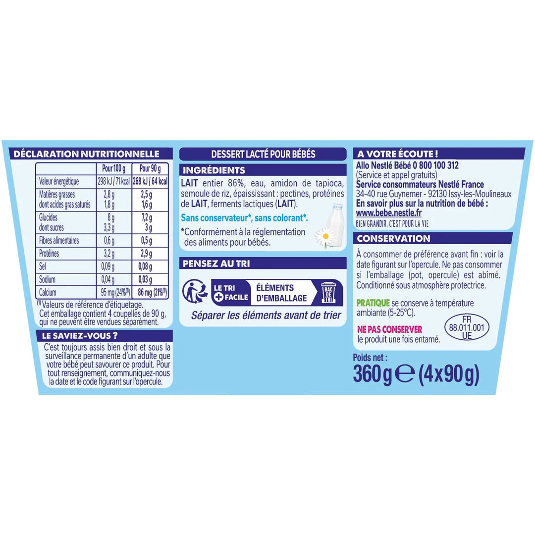 Nestlé- Bébé P'tit Brassé Laitage Nature sans sucres ajoutés - dès 6 mois - 4 x 90g