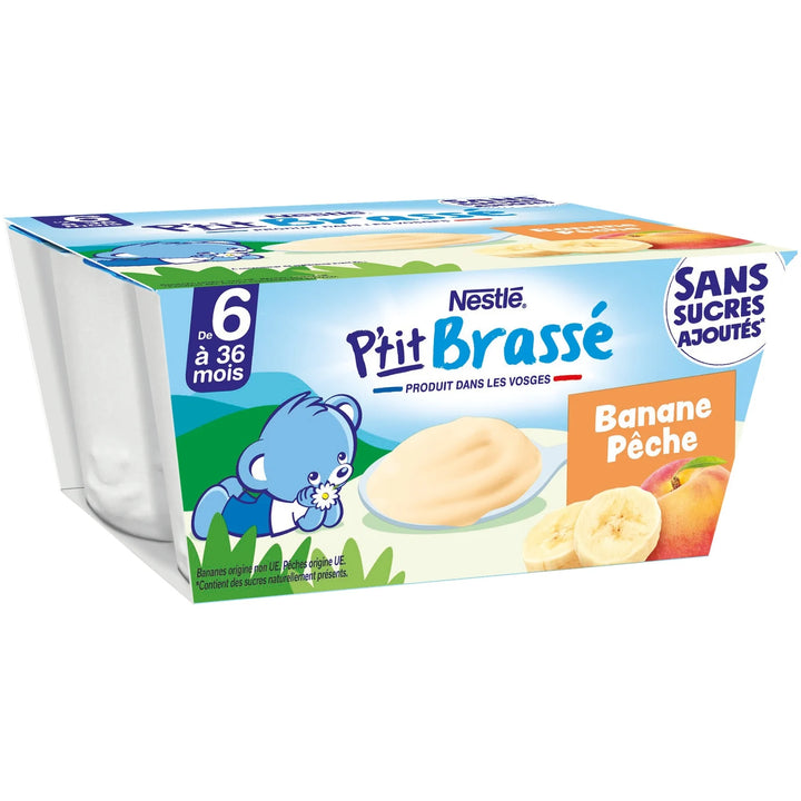 NESTLÉ - Yaourt P'tit Brassé Banane Pêche Sans Sucres Ajoutés - 4x90g