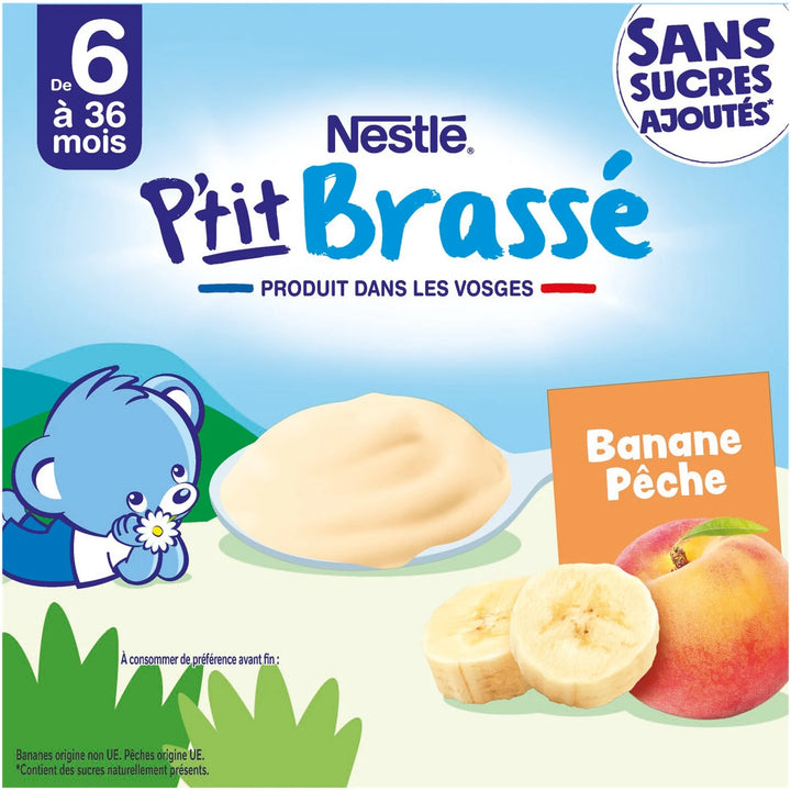NESTLÉ - Yaourt P'tit Brassé Banane Pêche Sans Sucres Ajoutés - 4x90g