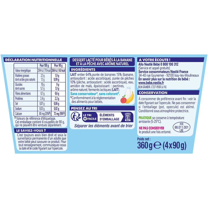 NESTLÉ - Yaourt P'tit Brassé Banane Pêche Sans Sucres Ajoutés - 4x90g