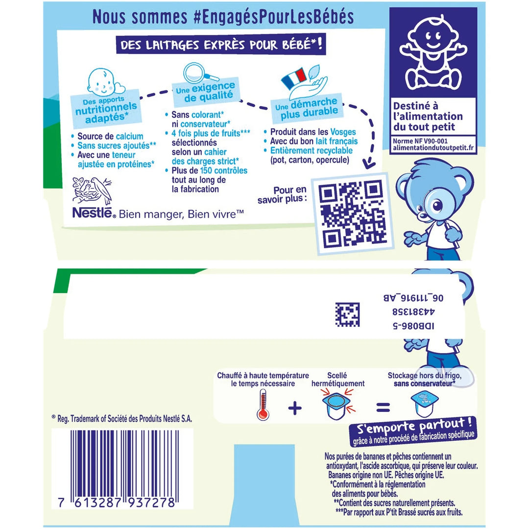 NESTLÉ - Yaourt P'tit Brassé Banane Pêche Sans Sucres Ajoutés - 4x90g