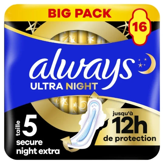 Always Ultra Serviettes Hygiéniques, Taille 5, Extra Secure Night, 16 Serviettes Avec Ailettes