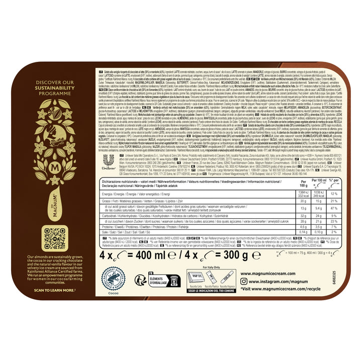 MAGNUM - Glace Bâtonnet Amande, 4 batônnets - 300ml
