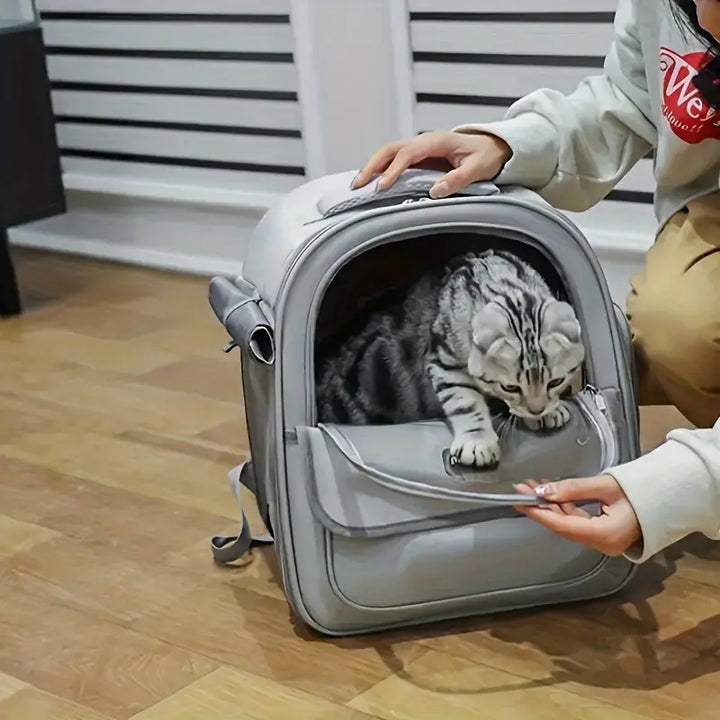 Sac à Dos Porte-Chats Respirant de Grande Capacité avec Ouverture Latérale - PVC Durable, Fermeture Éclair pour Voyages en Extérieur -Gris