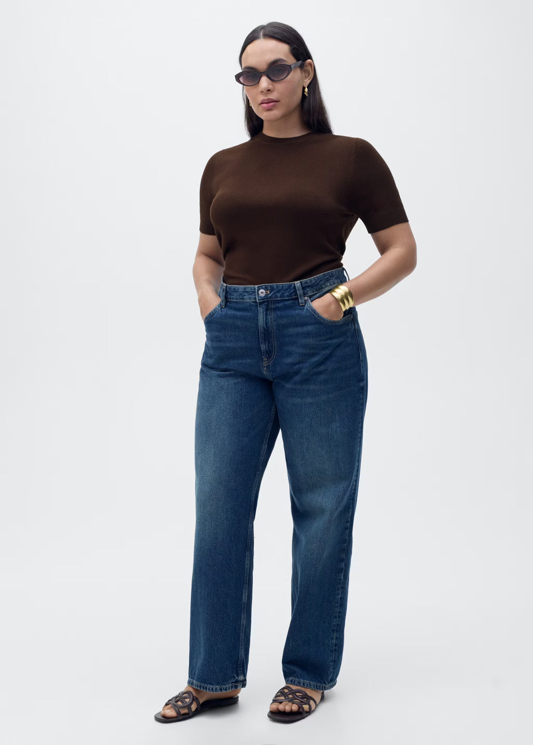 Mango - Pull-Over Femme en Maille Fine – Manches Courtes – Marron – Taille L