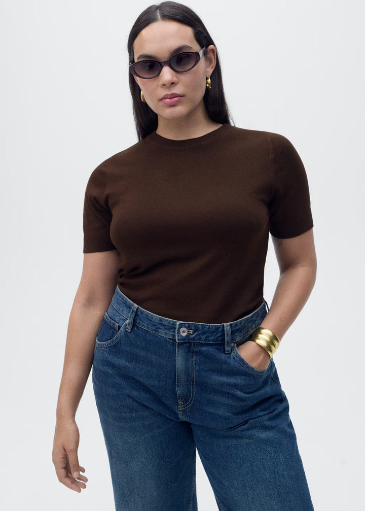Mango - Pull-Over Femme en Maille Fine – Manches Courtes – Marron – Taille L