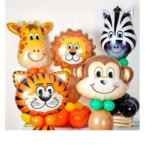 Ballons en feuille d'aluminium -en forme de  Girafe, Zèbre, Tigre, Lion et Singe